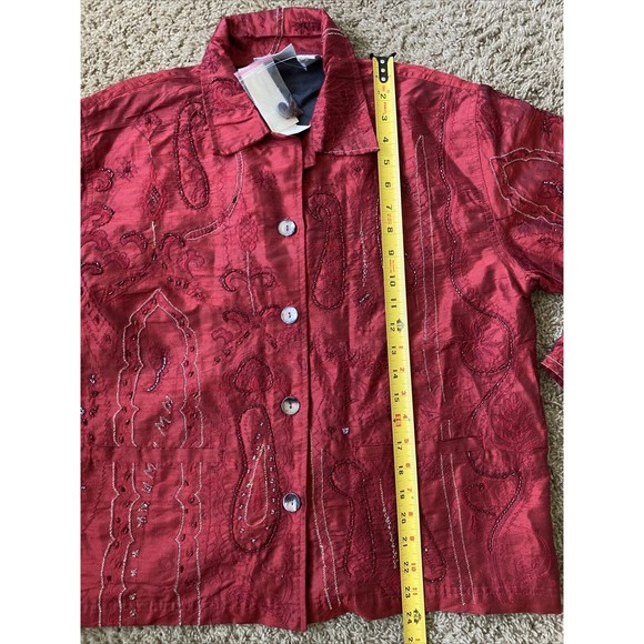 VNTG Chico's Design Medium/1 Red Pure Silk Jacket Abstract Beaded Embroidery NWT - Picture 10 of 11